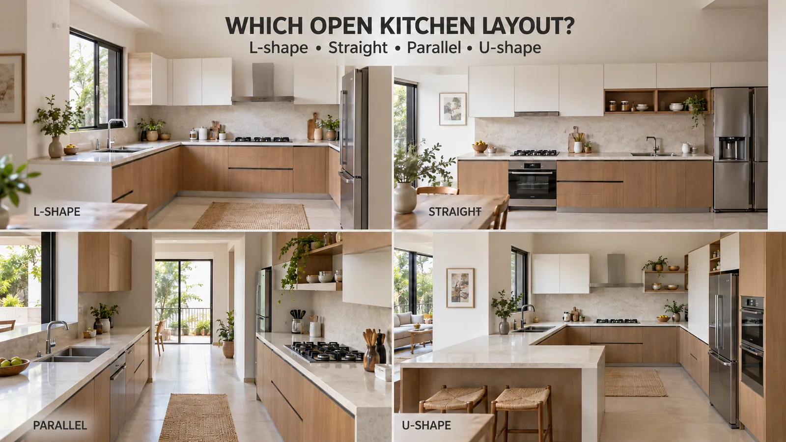Four open kitchen layouts compared: L-shape, straight, parallel and U-shape