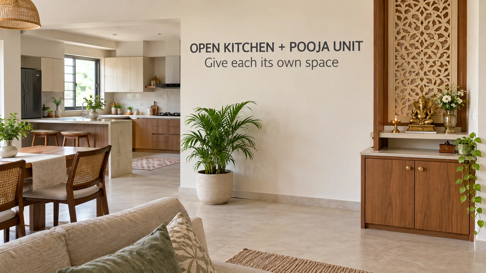 Open kitchen with a pooja unit placed in the same space
