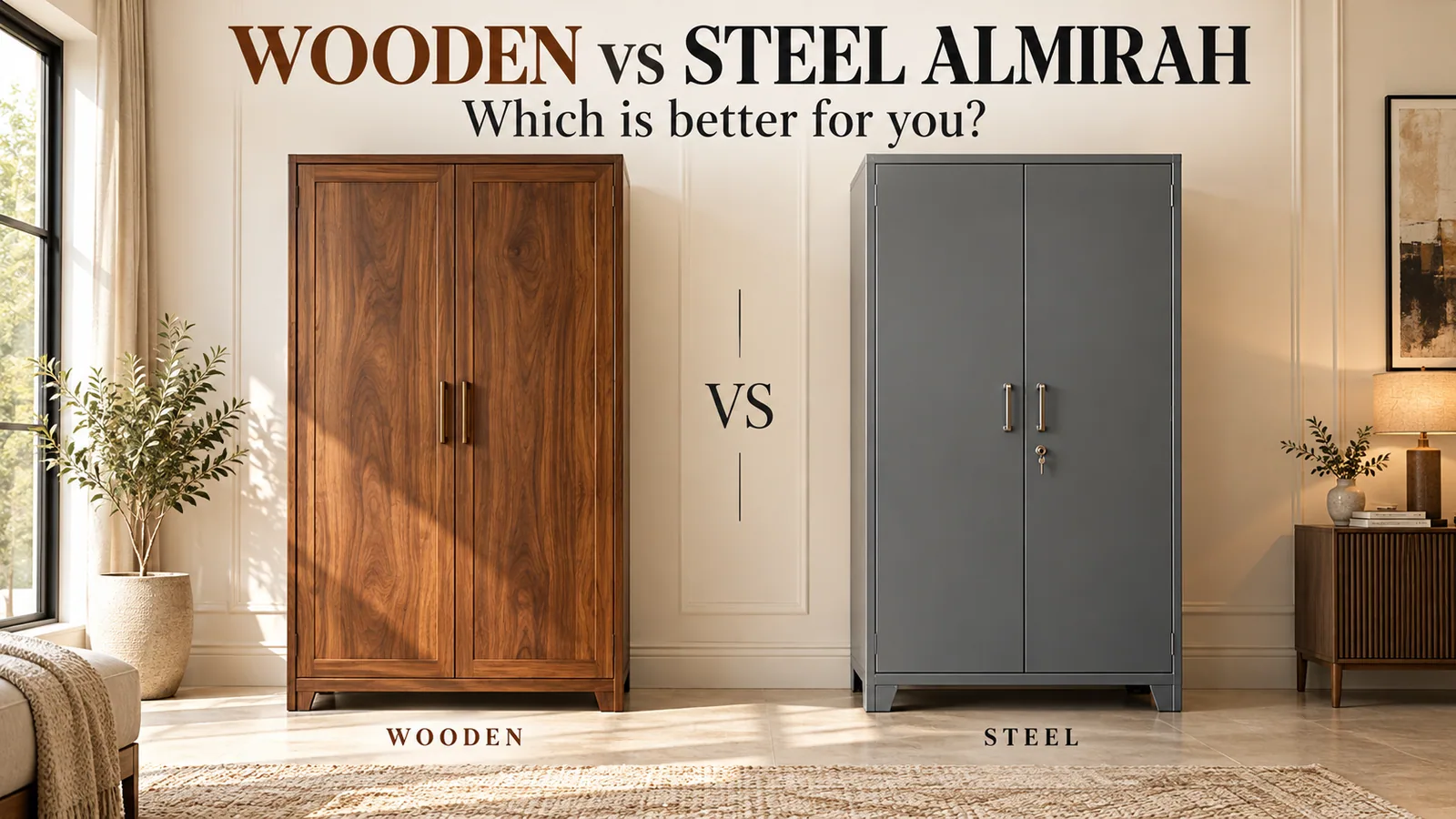 Wooden almirah and steel almirah compared side by side for an Indian bedroom