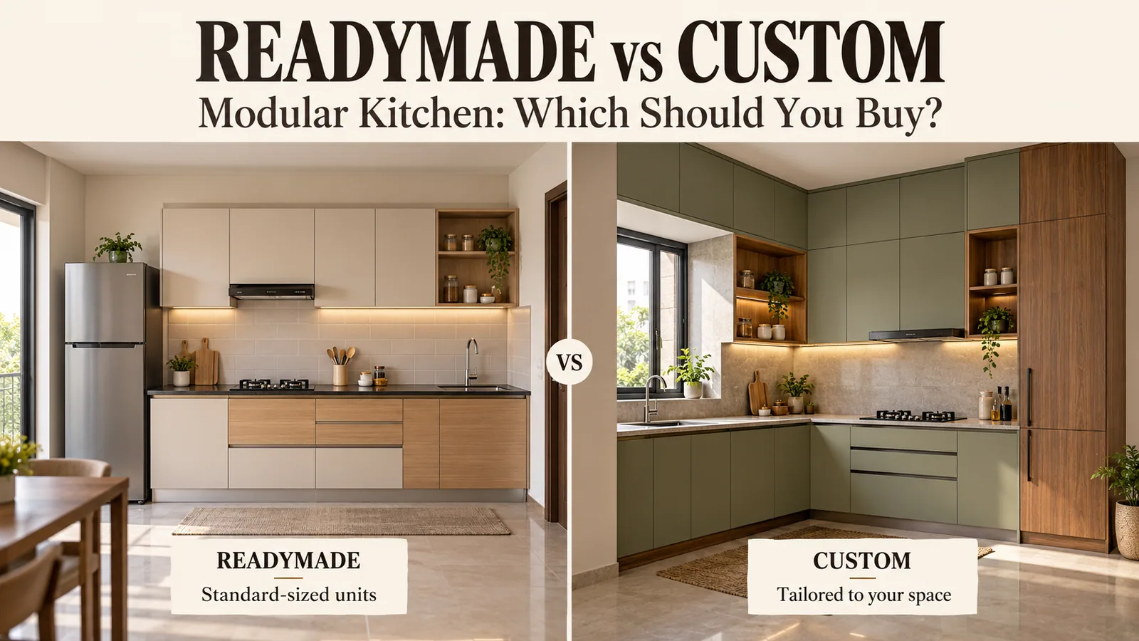 Readymade modular kitchen set compared with a custom modular kitchen