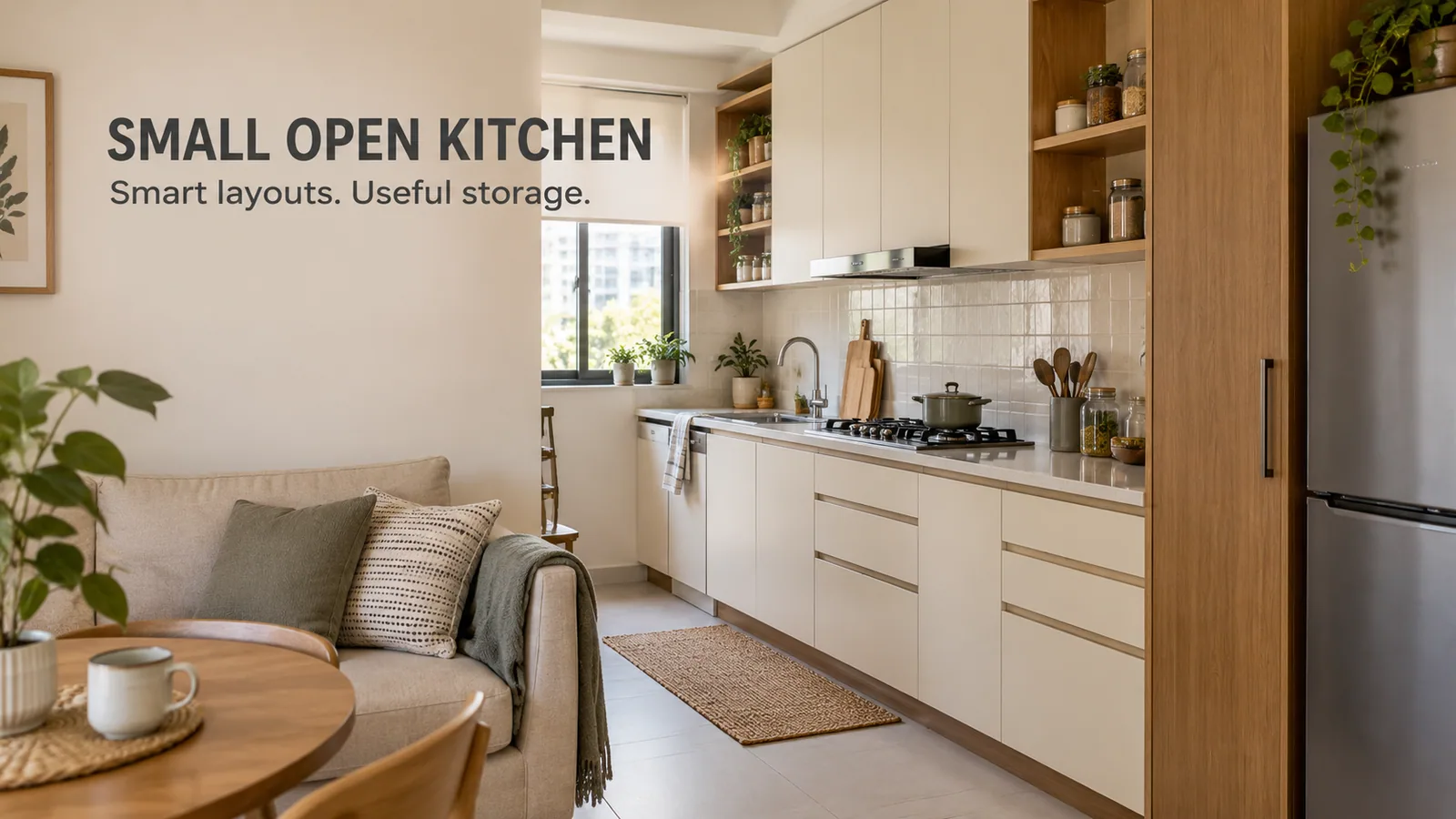 Small open kitchen with smart storage in a compact Indian flat