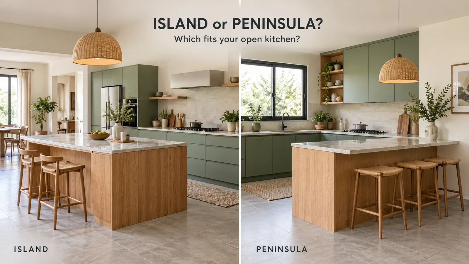 Open kitchen island and peninsula compared in an Indian kitchen