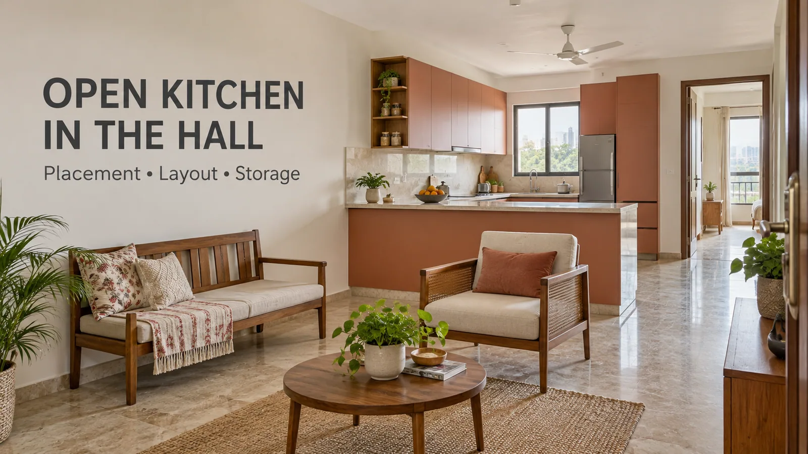 Open kitchen design opening into the hall of an Indian home