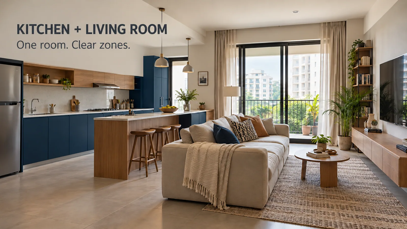 Open kitchen and living room sharing one space with clear zones