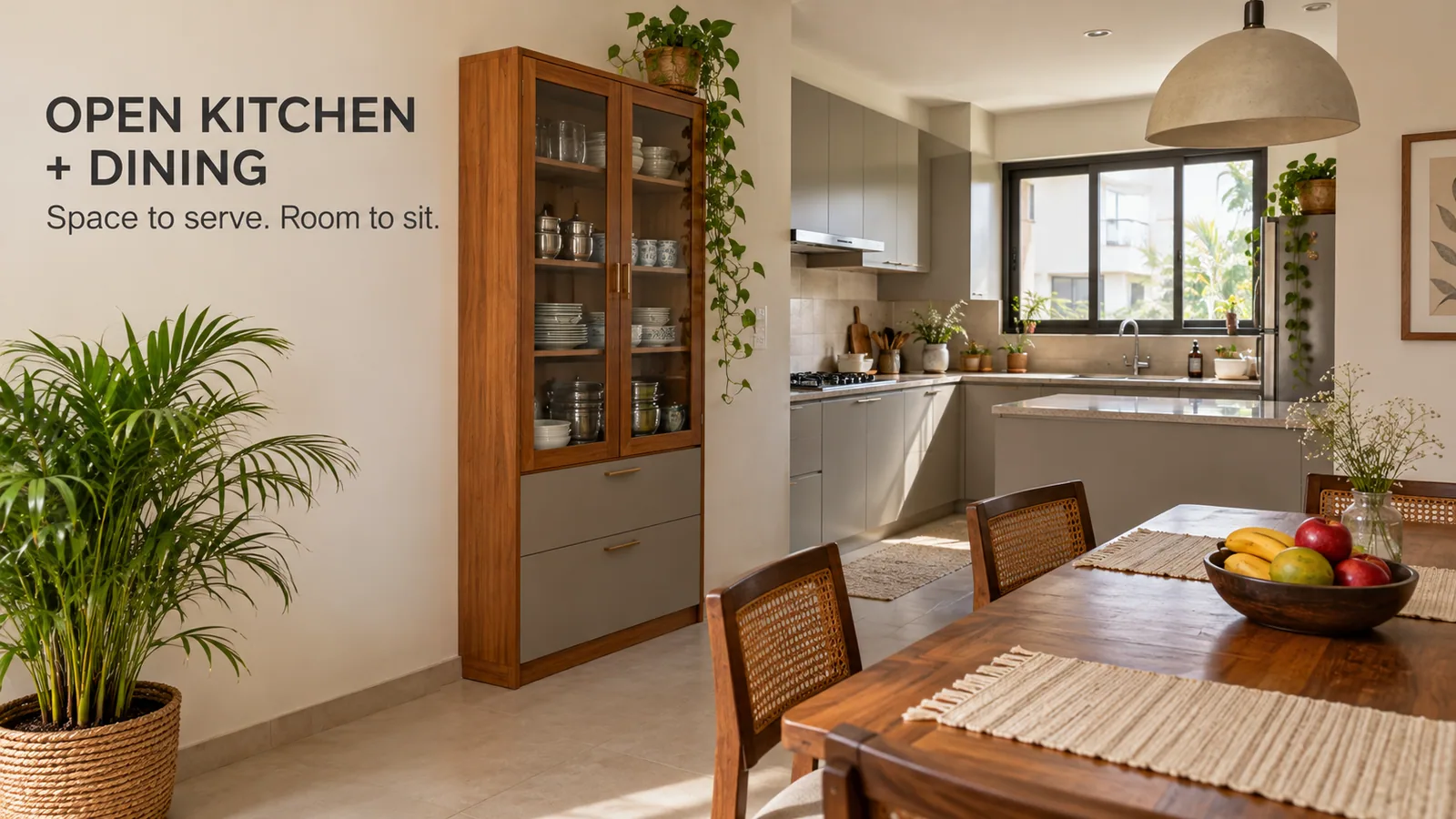 Open kitchen with an adjoining dining area and serving space