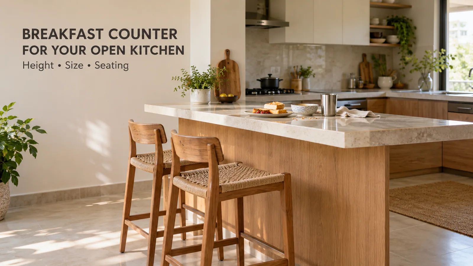 Open kitchen with a breakfast counter and bar stools