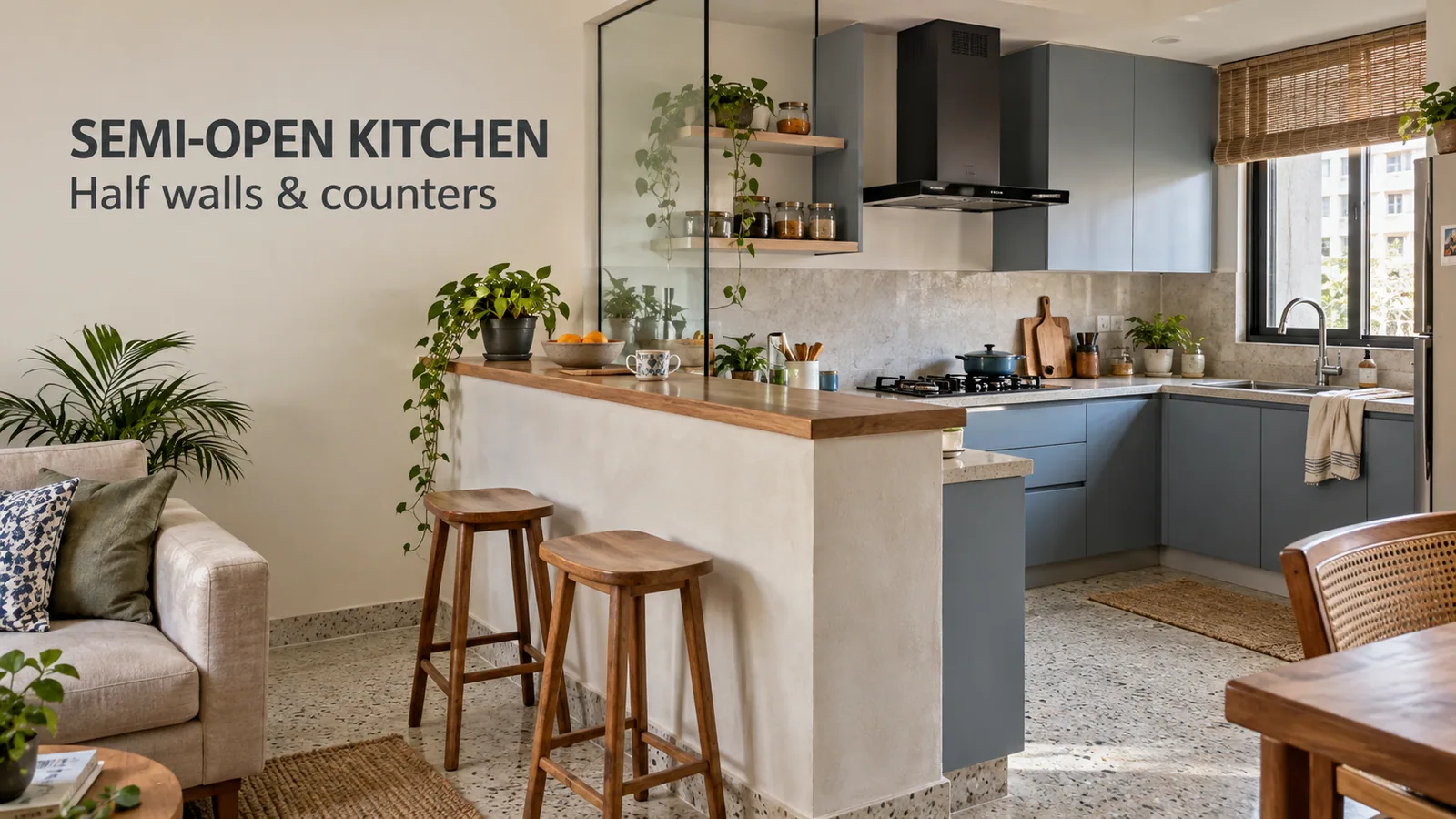 Semi-open kitchen with a half wall and breakfast ledge in an Indian home