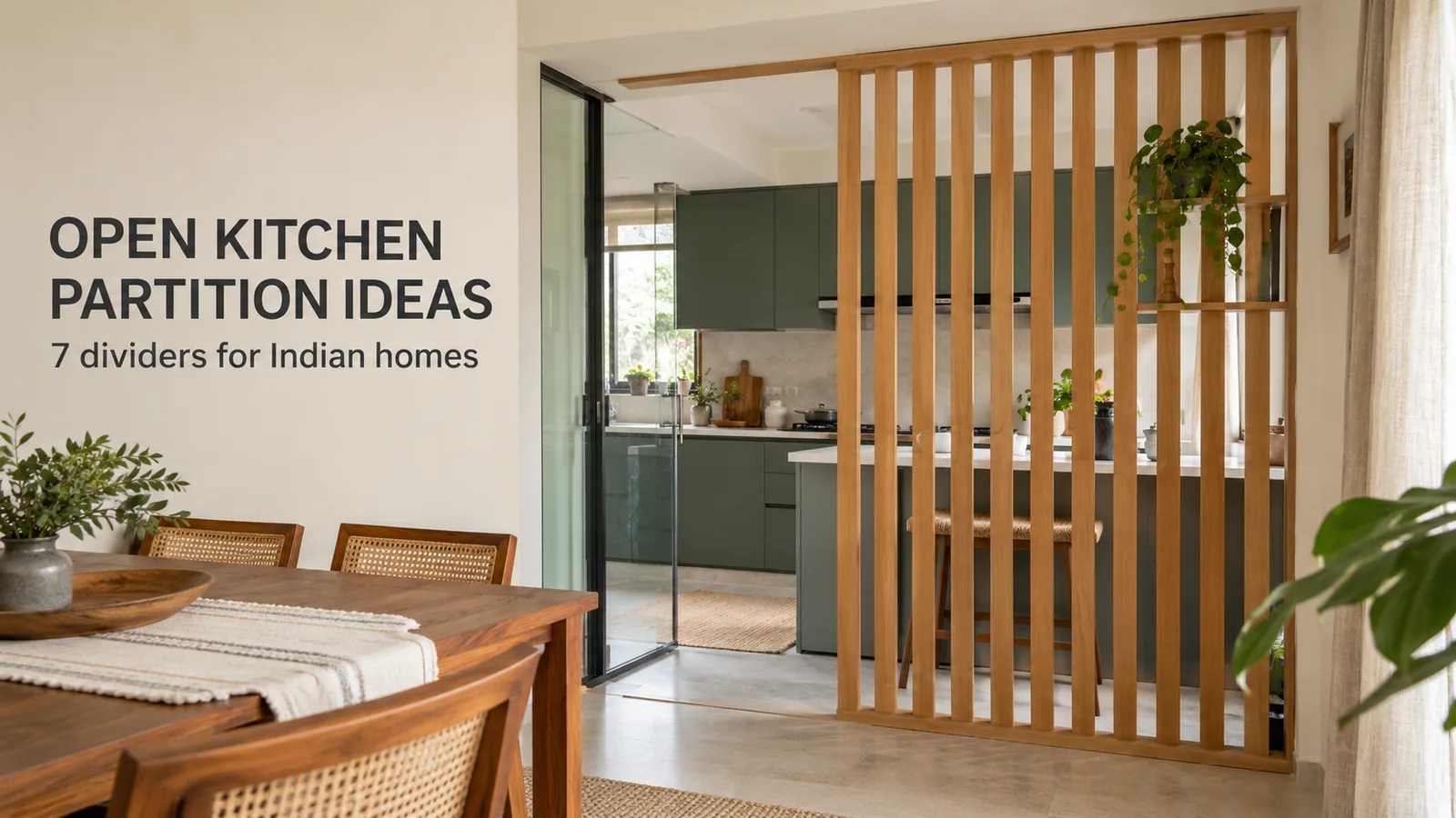 Oak slat divider used as an open kitchen partition in an Indian home